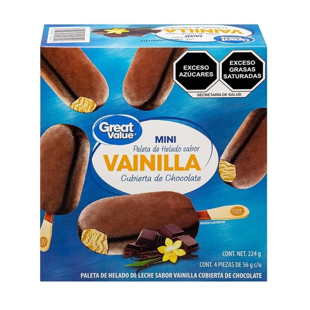 Paletas mini Great Value de helado sabor vainilla cubiertas de chocolate 4 pzas de 56 g c/u