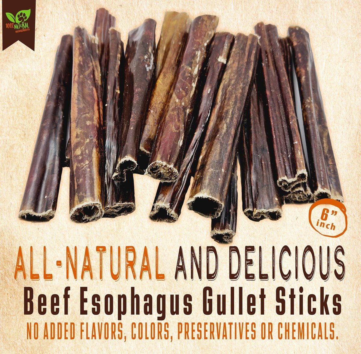 6" Beef Esophagus Gullet Sticks Dog Treats, 60 count