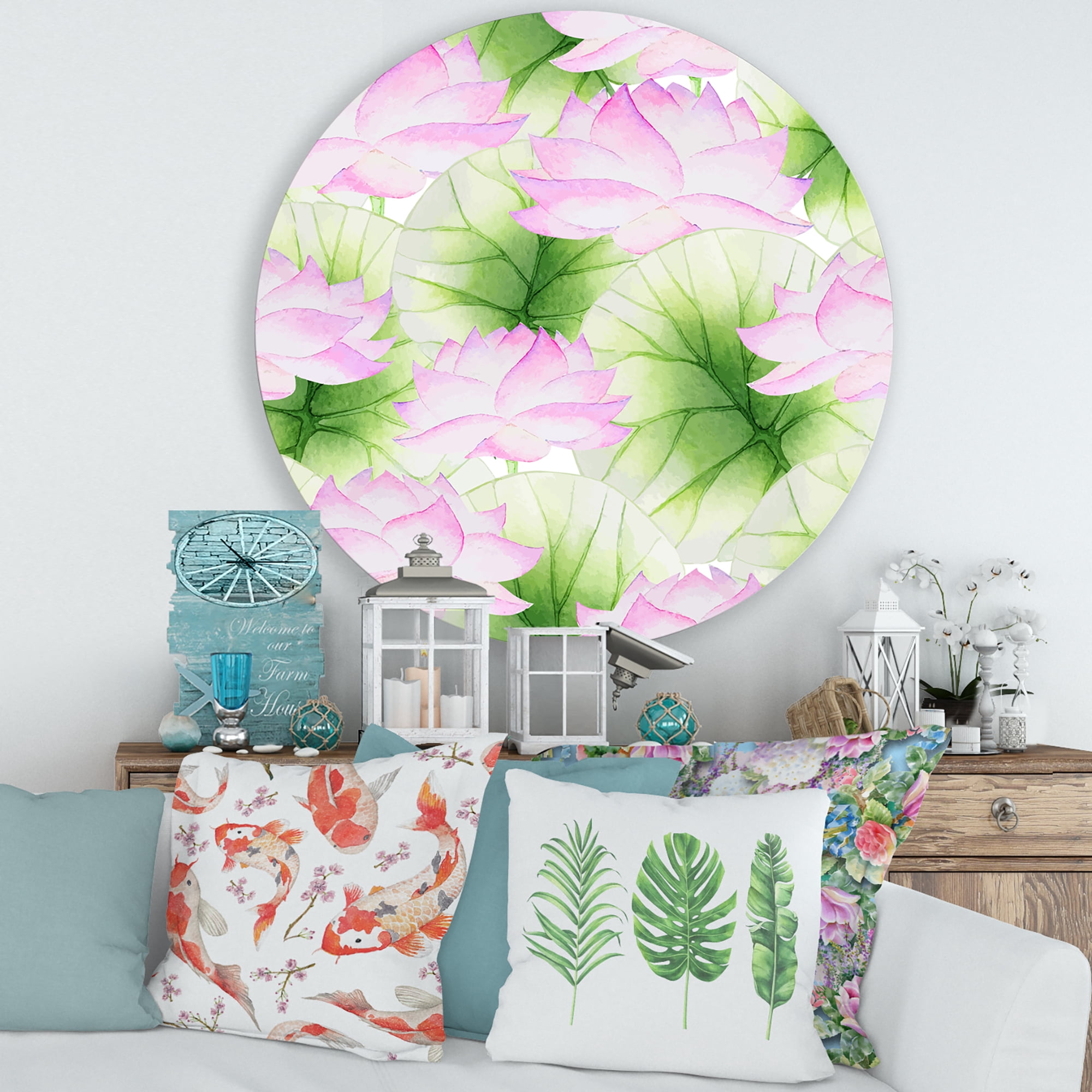 Designart 'Ancient Pink Lotuses In The Pond IX' Traditional Circle Metal Wall Art 36x36 - Disc of 36