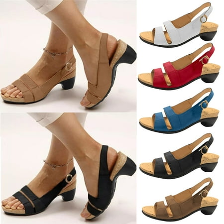 

Summer Ladies Shoes Fish Mouth Medium Thick Heel Metal Buckle Women s Sandals Blue qILAKOG Size 6