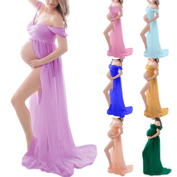 YMNXA Women's Maternity Dress Sleeveless Off Shoulder Solid Color Mesh Elegant Floor Length Pregnant Dresses For Photography,Bu1,L