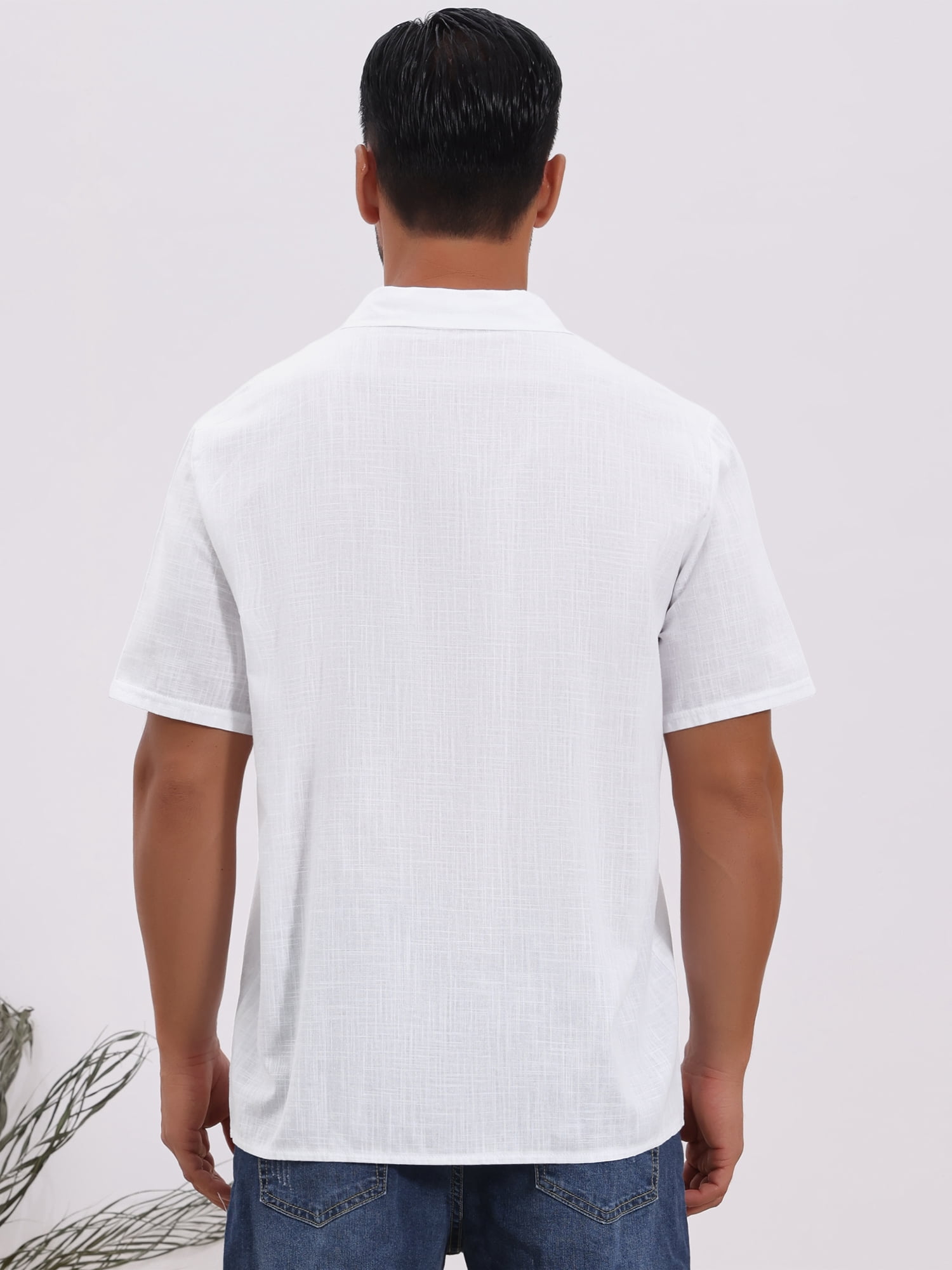DARING DIVA Men's Solid Color Short Sleeve Button Down Linen Shirt M White