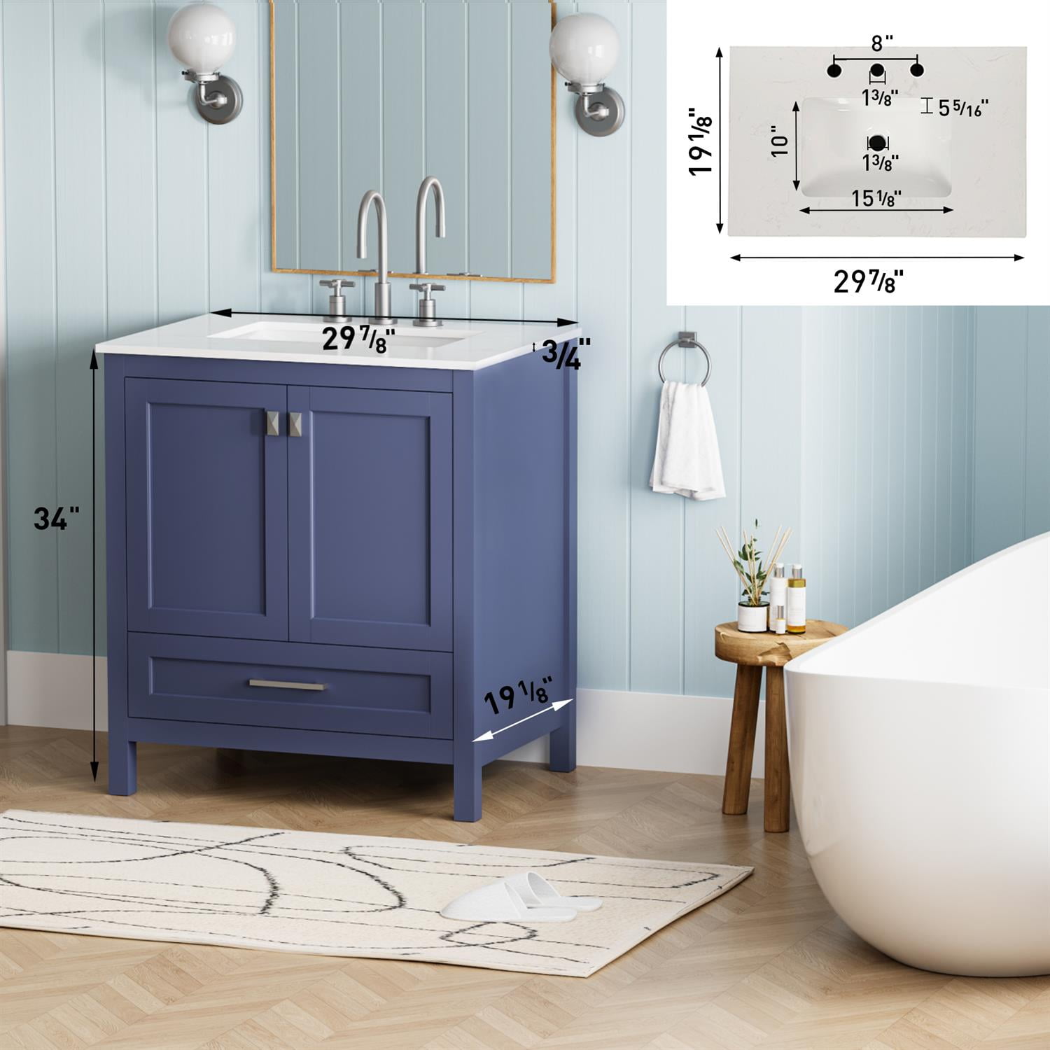 Demi Bonn 30" Freestanding Bathroom Vanity with Sink, Carrara Engineered Marble Vanity Top, Soft-Close Door, Under-mounted Rectangular Ceramic Sink, Blue