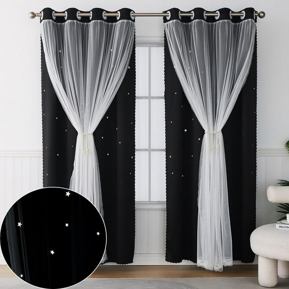 SNYMW Black Blackout Curtains for Girls Bedroom - 63 Inch Long 2 Panels Set - Aesthetic Curtain Star Cutout Double Layer with White Tulle - Kids Girls Room Decor Cute Nursery Drapes Black 52"W x 63"L