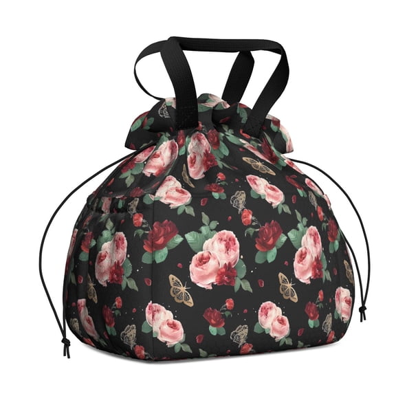 Pioneer Flower Floral Print Pattern Drawstring Lunch Bag Women - Drawstring Lunch Bag Insulated for Work Office - Stain-Resistant Large Lunchbags for Women with Multi-Pockets