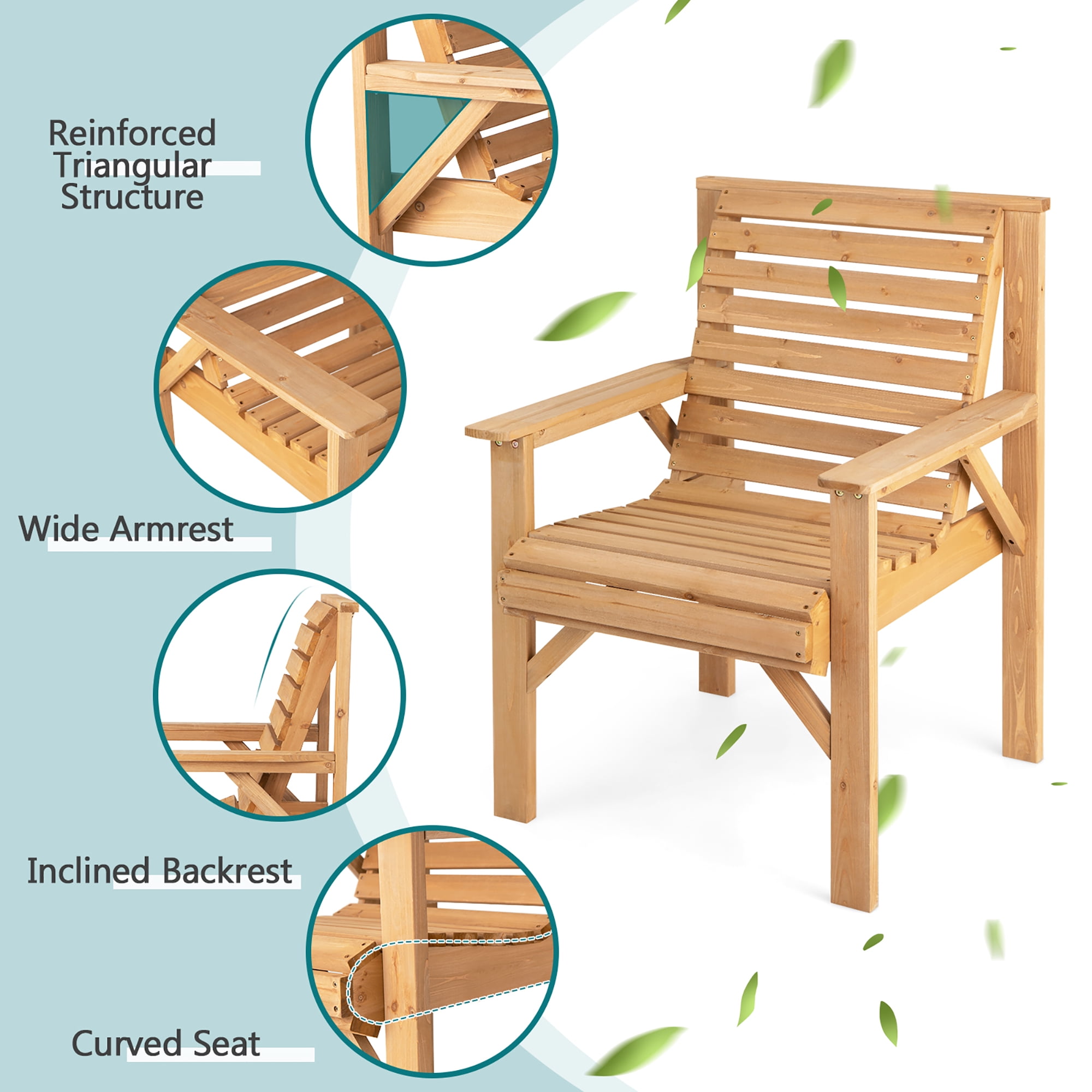 Costway Patio Fir Wood Chair Dining Inclined Backrest Garden Backyard Indoor Natural