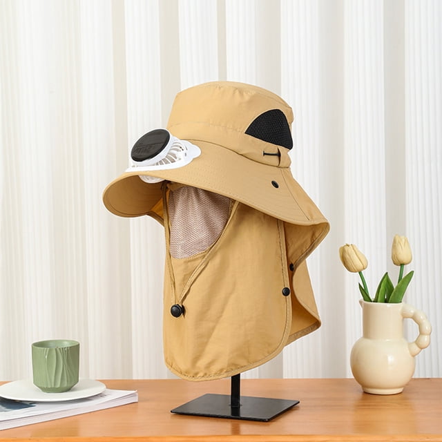 Tapa del ventilador de carga USB solar | Sombrero para el sol con ventilador giratorio de 360° desmontable | Sombrilla transpirable de algodón | 3 velocidades del viento | Doble alimentación solar y