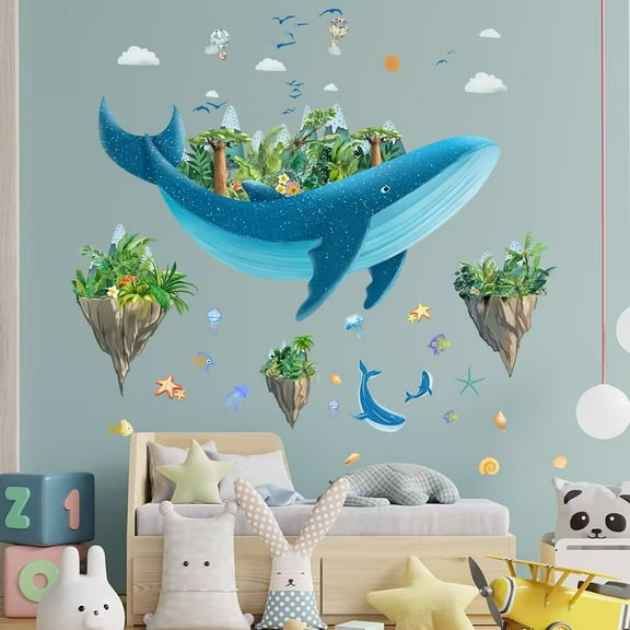 Blue Whale Wall Decals Removable Watercolor Vinyl Stickers for Nursery Living Room and Bathroom Sea Animal Decor Peel and Stick Ocean Wall Art