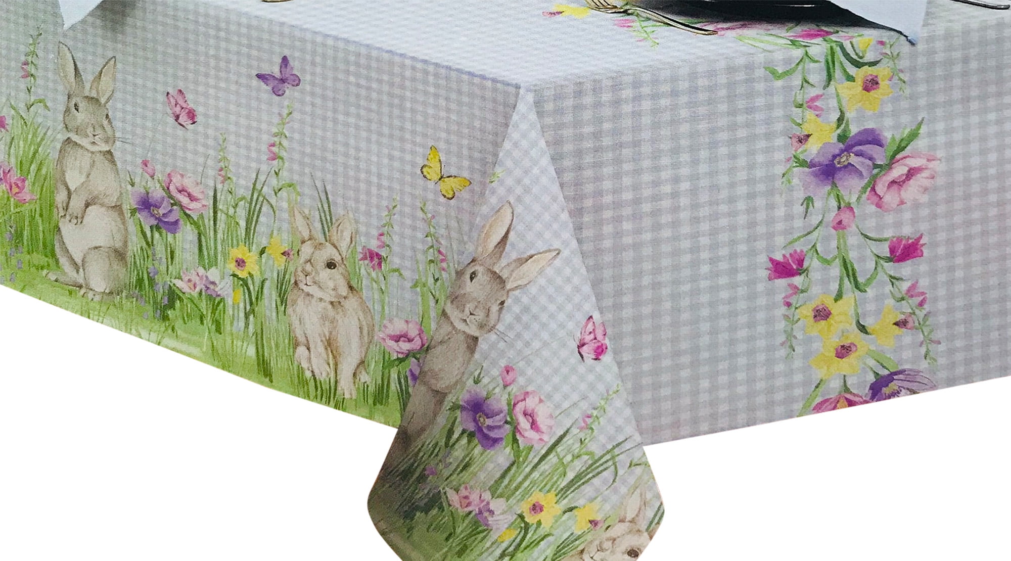 Country Gingham Easter Spring Fabric Tablecloth Bunny Meadow Colorful