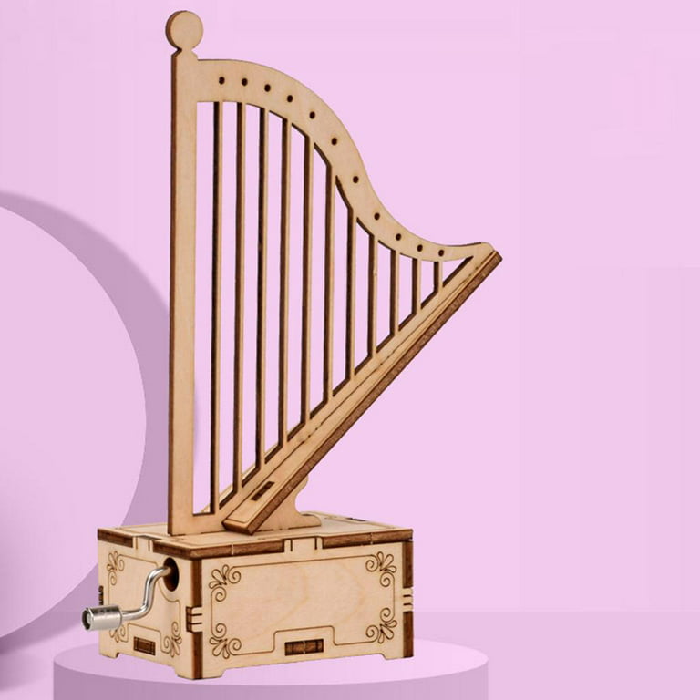 Handmade Harp Shape Music Box Wooden Hand Crank Music Crafts Gifts