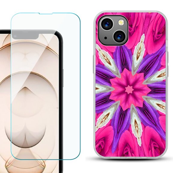 Slim-Fit Flexible TPU Gel Phone Case for iPhone 13, with Tempered Glass Screen Protector, by OneToughShield ® - Kaleidoscope Rose