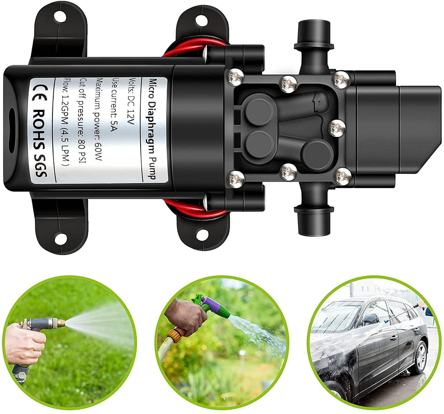 Left DC 12V Fresh Water Pump 4.5LPM 1.2GPM 80PSI Diaphragm Pump Self Priming Sprayer Pump 5A 60W Diaphragm Pump with Pressure Switch and 2 Hose Clamps Adjustable for Boat Lawn RV Camper Marine 