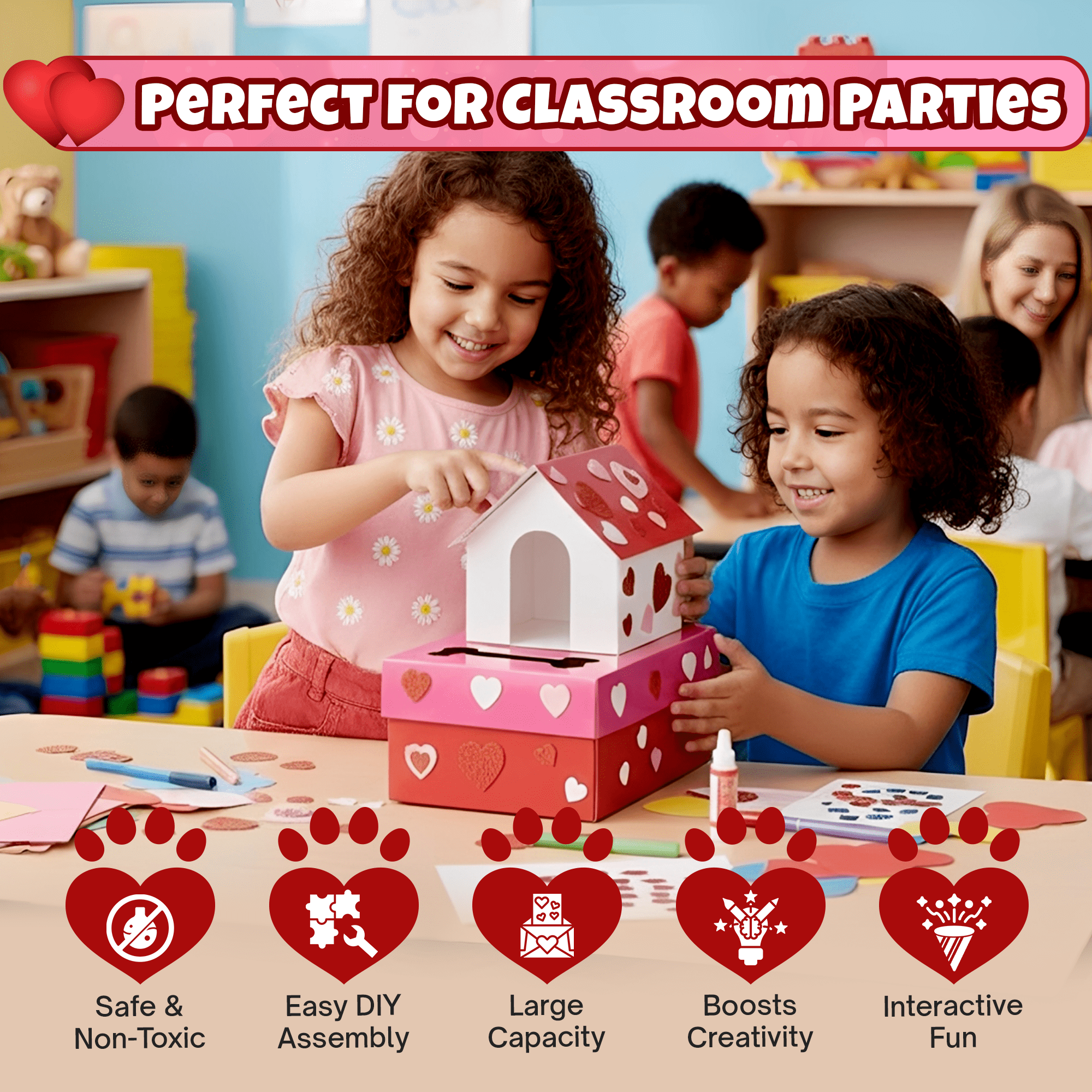4E's Novelty 32-Piece Valentines Day Box and Cards for Kids, DIY Puppy Mailbox Craft Kit, Classroom Exchange, Includes Teacher Card and Heart Decorations