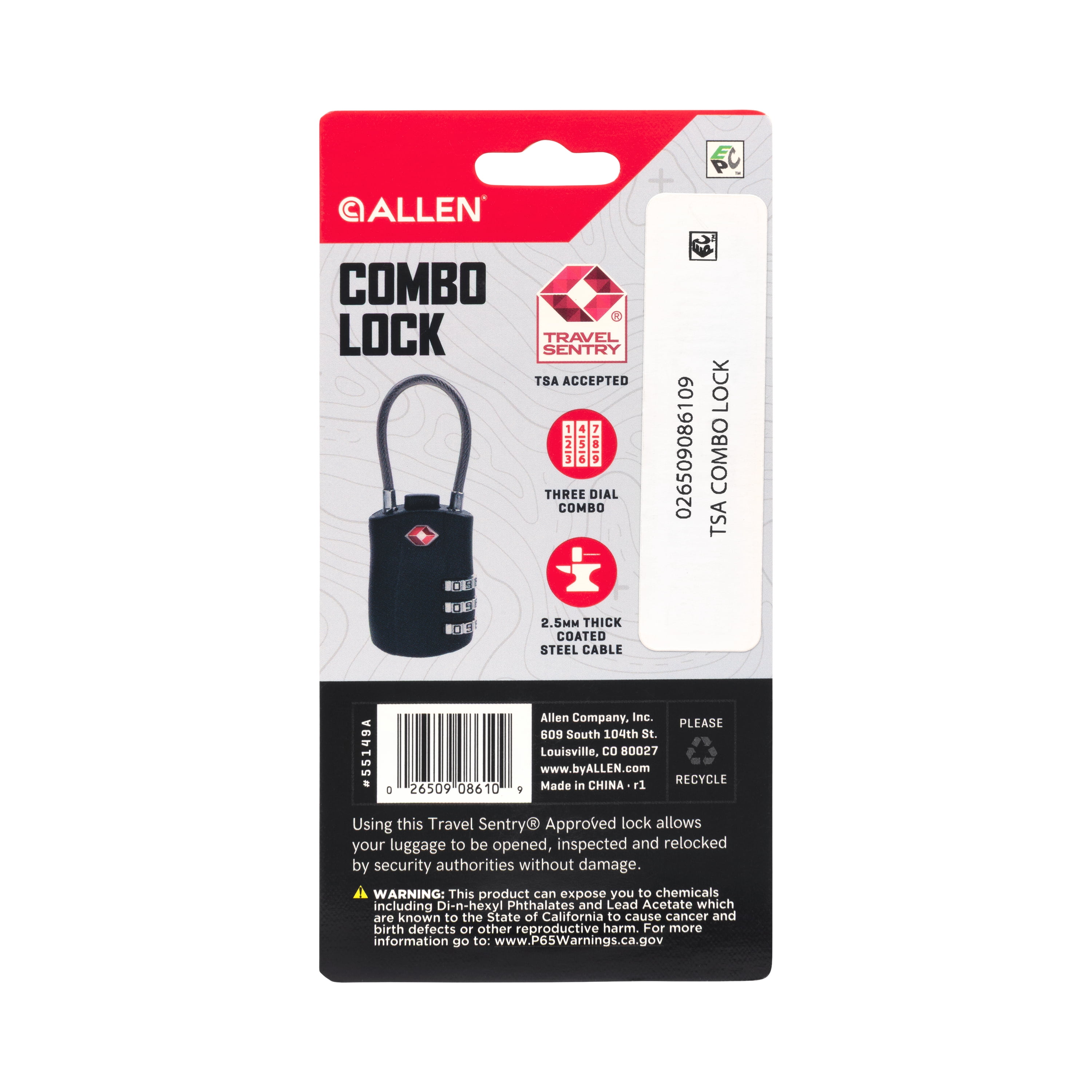 Allen Company TSA Lock with Combination, Black Steel Cable Lock, 1.25" Cable, 3 Wheel Combination