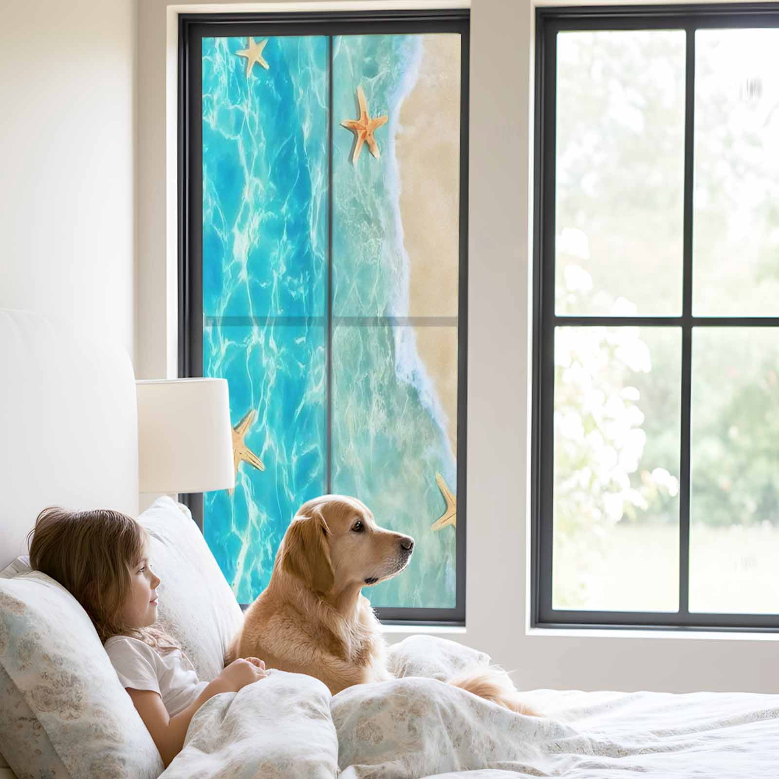 Summer Beach Window Privacy Film, Blue Teal Ocean Waves Beige Sand Starfish Shells Frosted Glass Window Clings Static Cling UV Heat Blocking Reusable Door Sticker for Bathroom 23.6 x 59 Inch