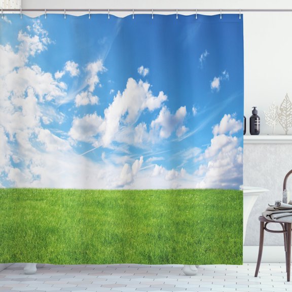 Ambesonne Blue Sky Shower Curtain, Greenery Land Clouds Scene, 69"Wx84"L, Lime Green and Sea Blue