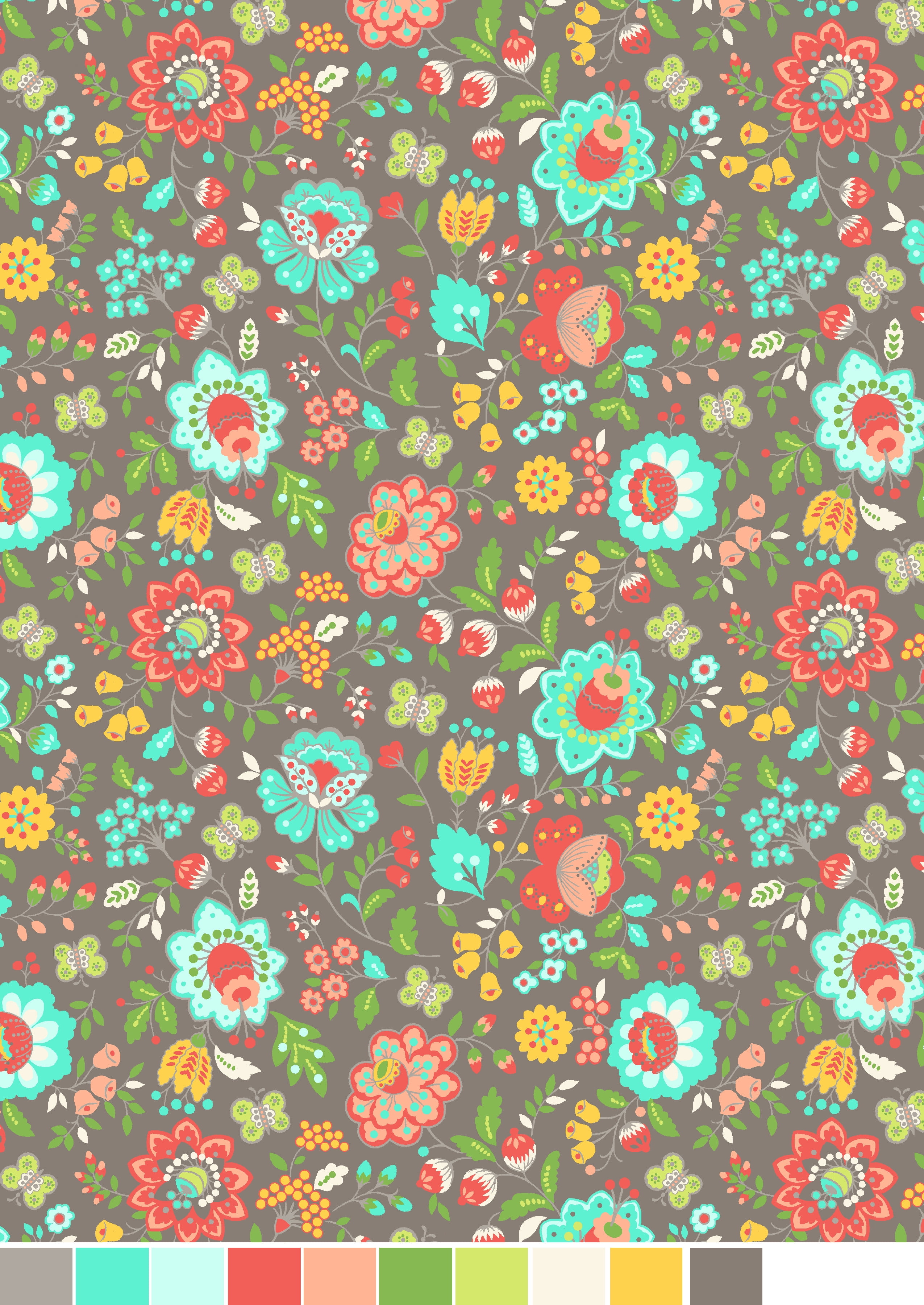 RTC Fabrics 100 Cotton 44" Width Small Floral Butterfly Grey Print