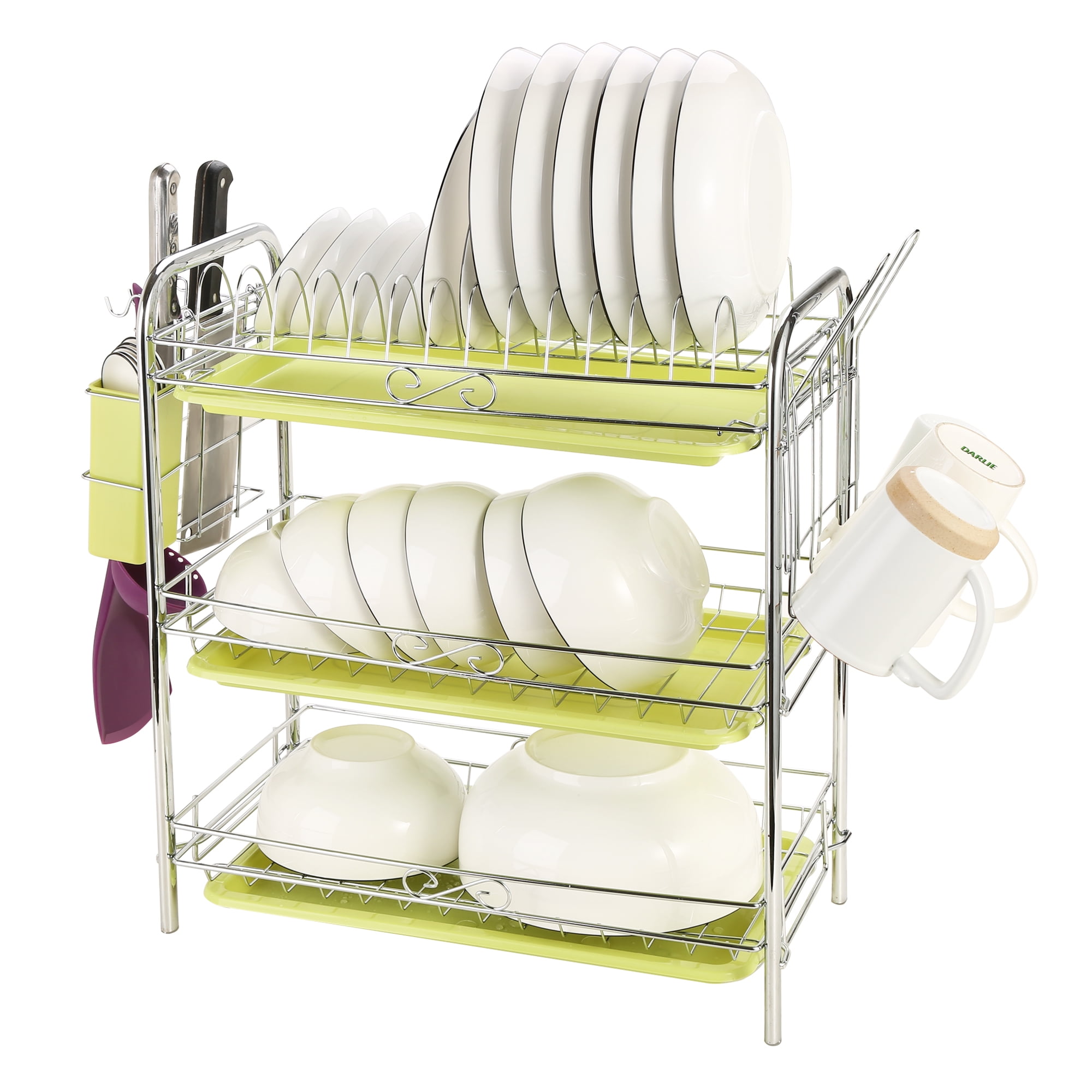 Odoland 2 Tiers Dish Drying Rack 2 Tier Chrome Dish Drainer Rack Kitchen Storage with Draining Board and Cutlery Cup 16.53 x 9.0