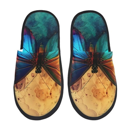 Balery Vibrant Rainbow Butterfly A Slient Indoor Furry Fleece Comfort House Shoes Soft Non-Slip Home Shoes Cotton slippers House Slippers-- Medium