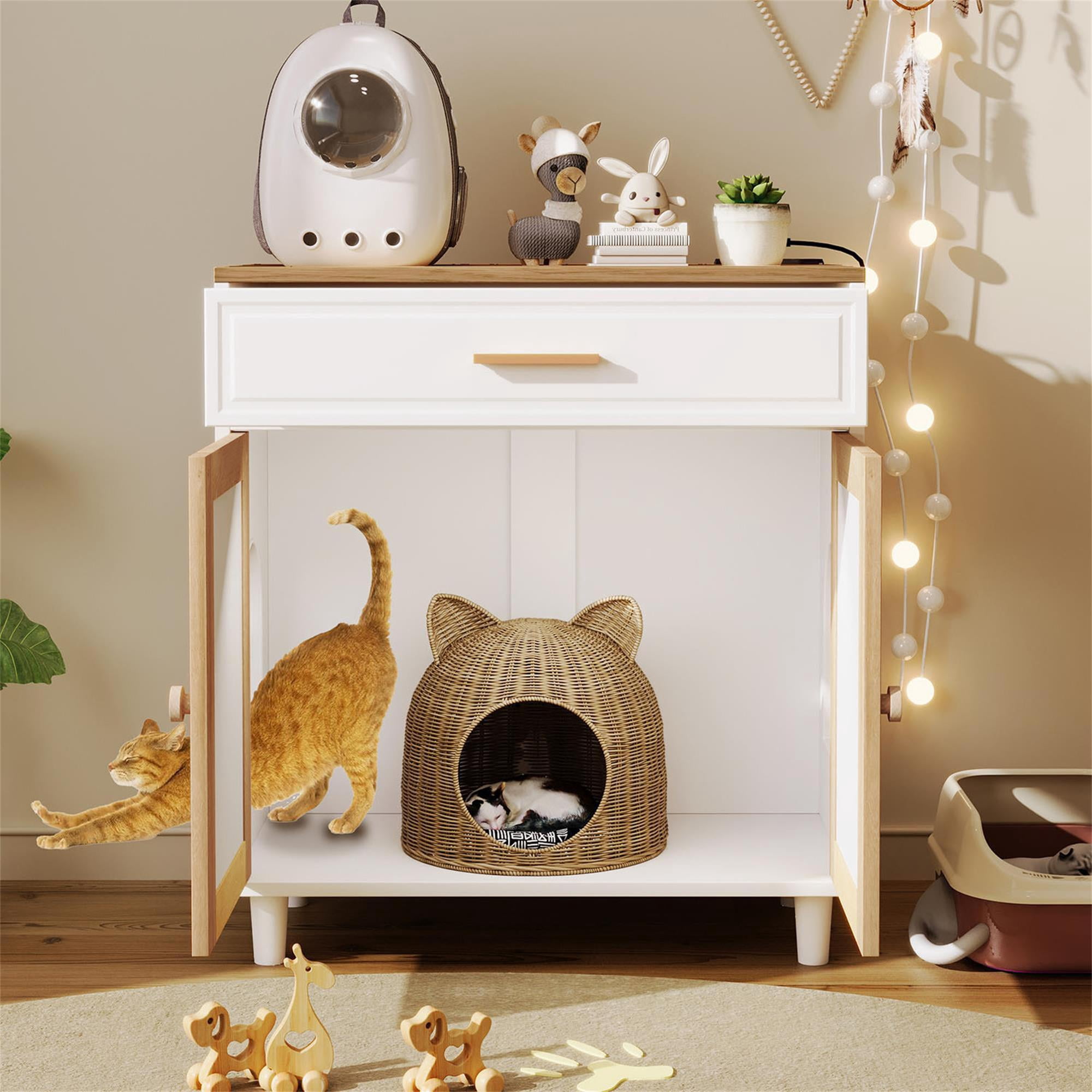 Pefilos 31" Cat Litter Box Enclosure, Hidden Cat Washroom Furniture with Charging Socket, Sisal Scratching Door, Cat House Enough for Most of Litter Box, White