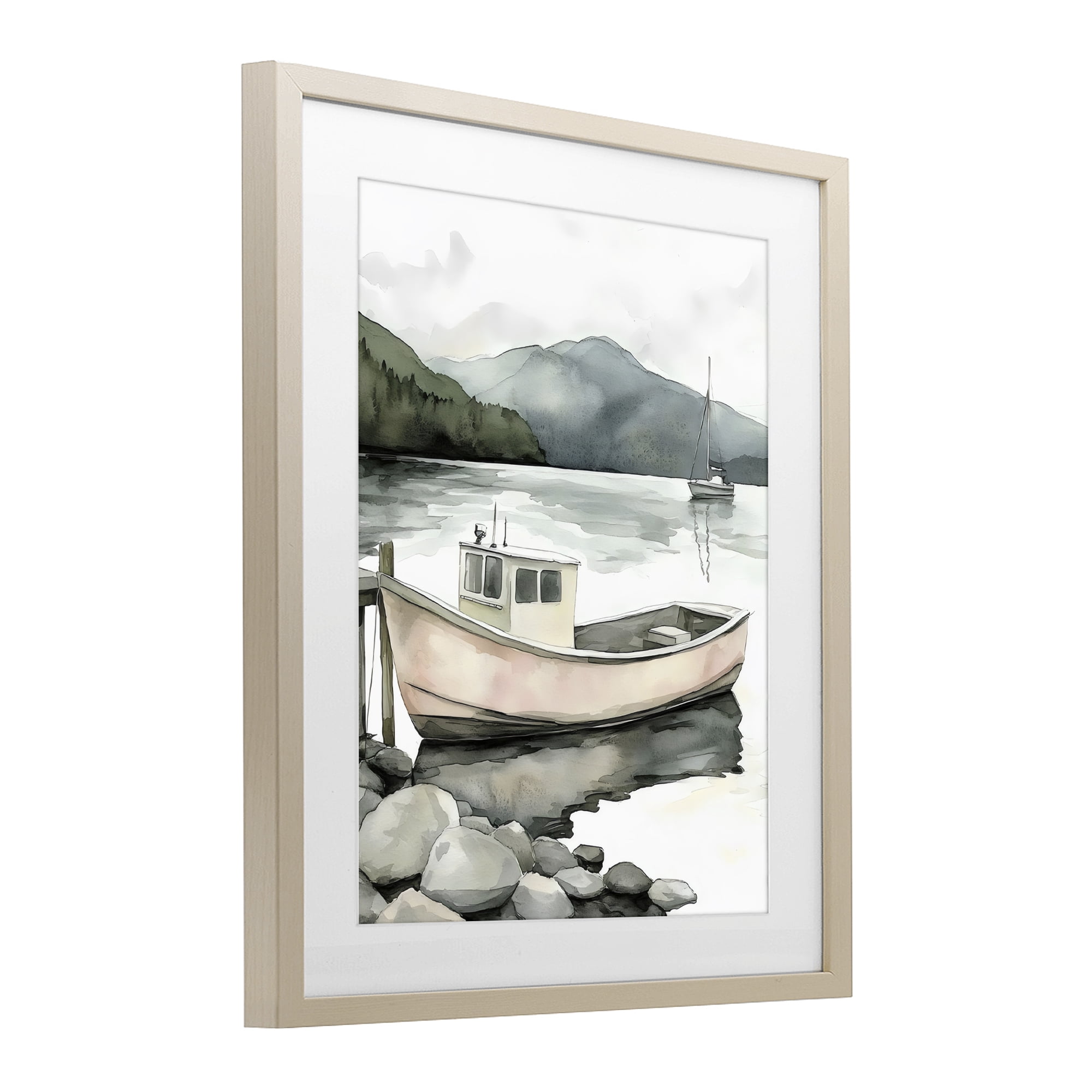 Stupell Industries Coastal Calm Docked Boat Birch Framed Print Under Glass, design by Riley B