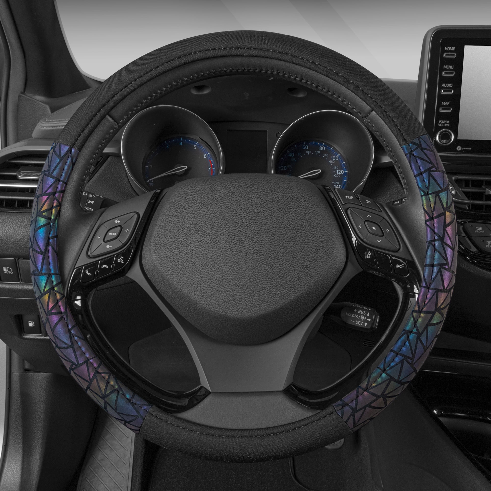 BDK Geometric Prism Sparkle Glitter Steering Wheel Cover - Car Steering Wheel Cover for Women with Shiny Holo Bling Accents, Universal Fit for Car Truck Van SUV Wheel Sizes 14.5 to 15.5 Inches