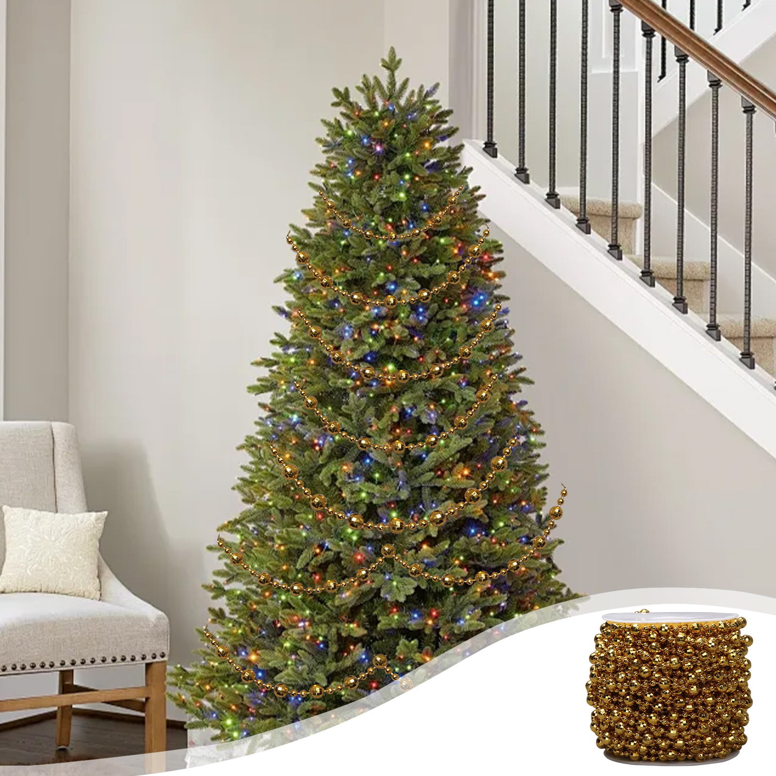 49 Feet Christmas Tree Beads Beaded Garland Strand Plastic Pearls Beads Garland Crystal Bead Roll for Christmas and Holiday Decorations (Gold)