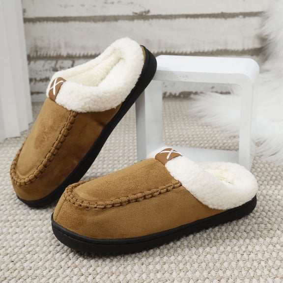 UTTOASFAY Soft Indoor Slippers for Women Casual Winter Fleece-Lined Warm Home Slippers Couple's Indoor And Outdoor Solid Color Round Toe Closed Heel Flat Shoes Time and Tr