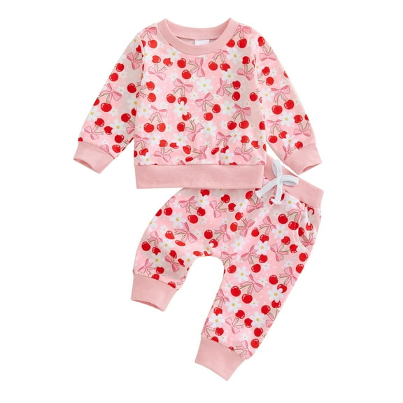 Baby Toddler Girl Fall Outfits 0 6 12 18 24 Months 2T 3T Long Sleeve Fruit Bow Print Sweatshirt Pants Set Clothes