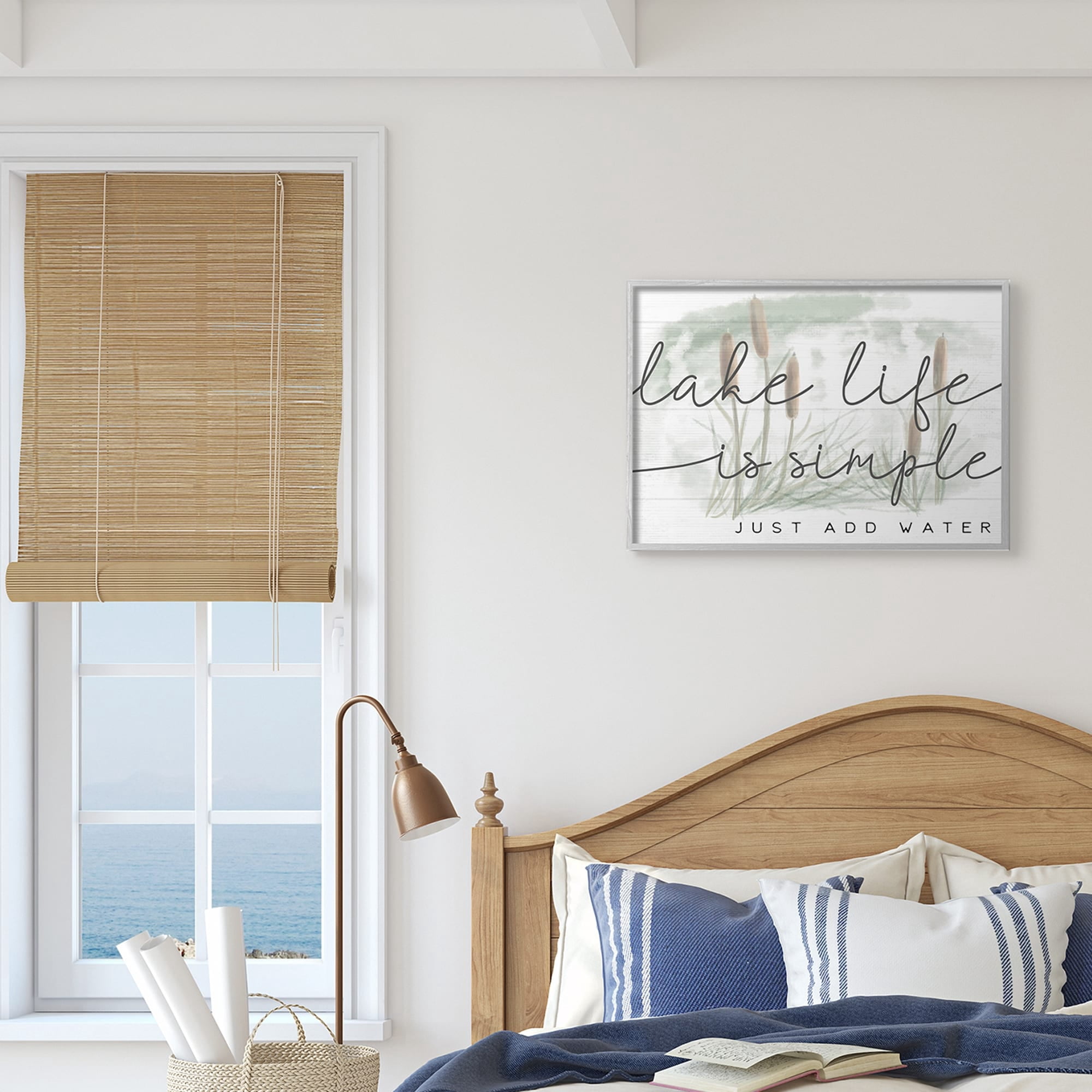 Stupell Industries Lake Life Simplicity Phrase Cattail Water Plants Inspirational Painting Gray Framed Art Print Wall Art, 16 x 20
