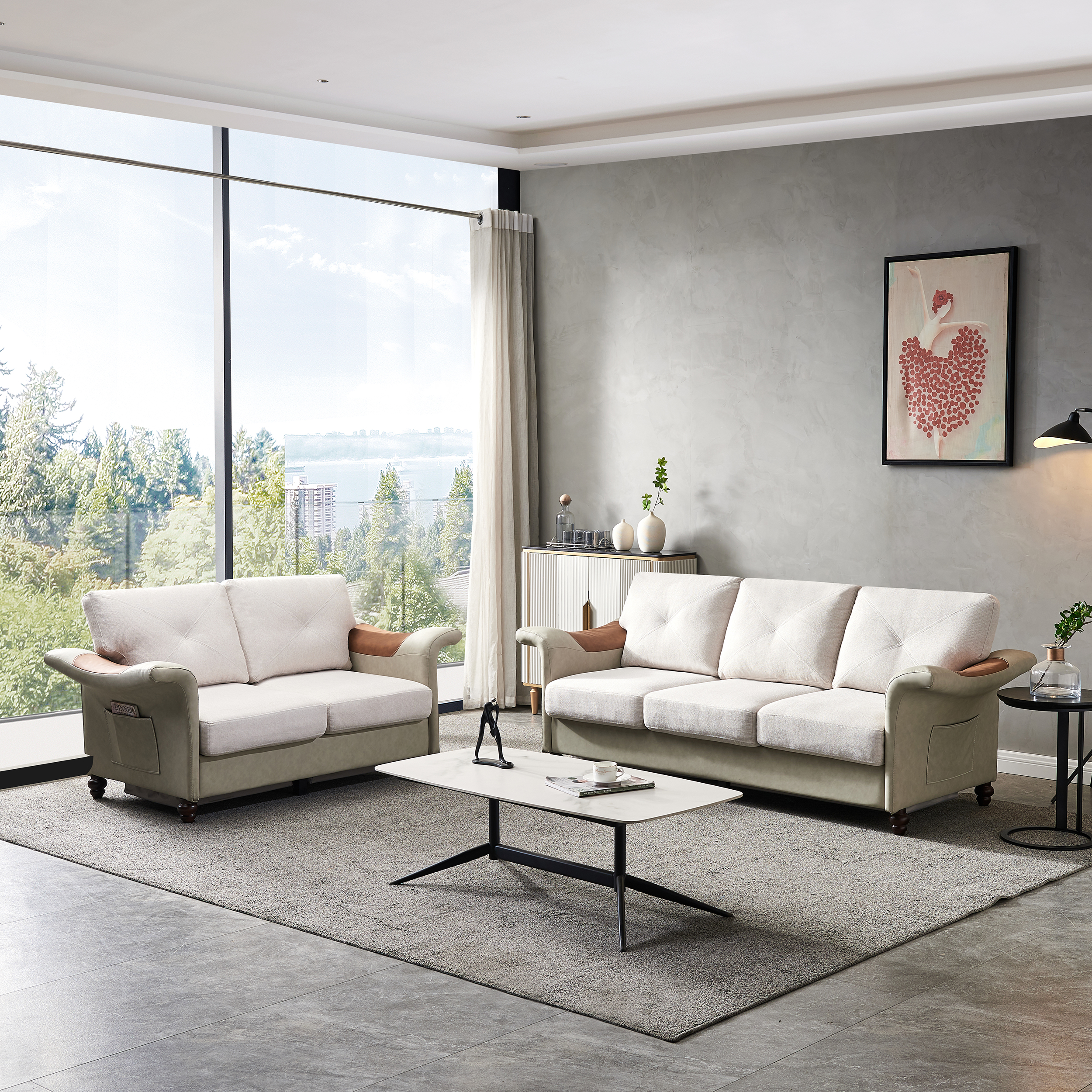 Ucloveria 2 Piece Sectional Sofa Sets, 3+2 Linen Fabric Faux Leather ...