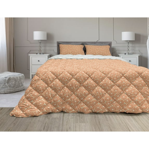 Fruit Comforter & Sham Bedding Set, Fresh Summer Pattern with Juicy Circle Orange Slices, 3 pcs Duvet Set Microfiber Filling Quilt, 5 Sizes, Seafoam Pale Vermilion, by Ambesonne