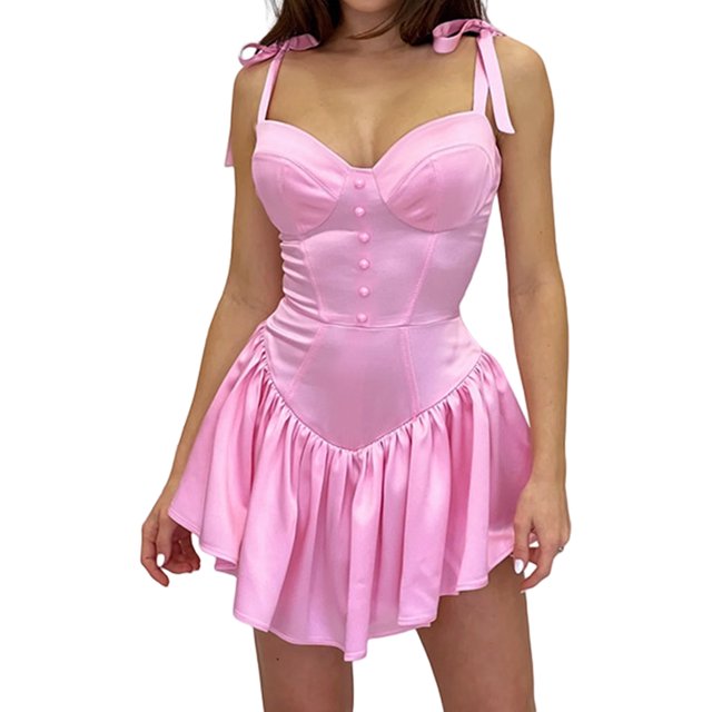 Mini Vestido Mini vestido de dama con cordones, vestido corto fruncido, vacaciones de viaje de verano (rosa M) Cgtredaw Para estrenar
