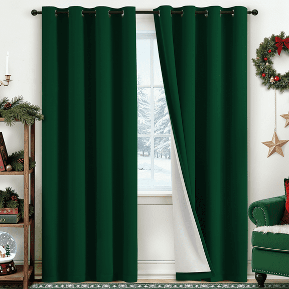 Yakamok 100% Blackout Curtain for Bedroom,Thermal Insulated Drapes with Black Liner Full Room Darkening Energy Efficiency Window Curtains for Living Room(52Wx84L,Dark Green, 2 Panels)