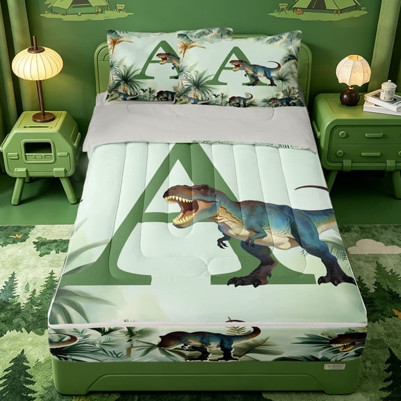 meiyoeat dinosaur Alphebat A Zipper Twin Comforter Sets with Fitted Sheet and 2 Pillowcases,Tropical Botanical Print Zipper Bedding Set,Light Gray Reversible,4 Pieces