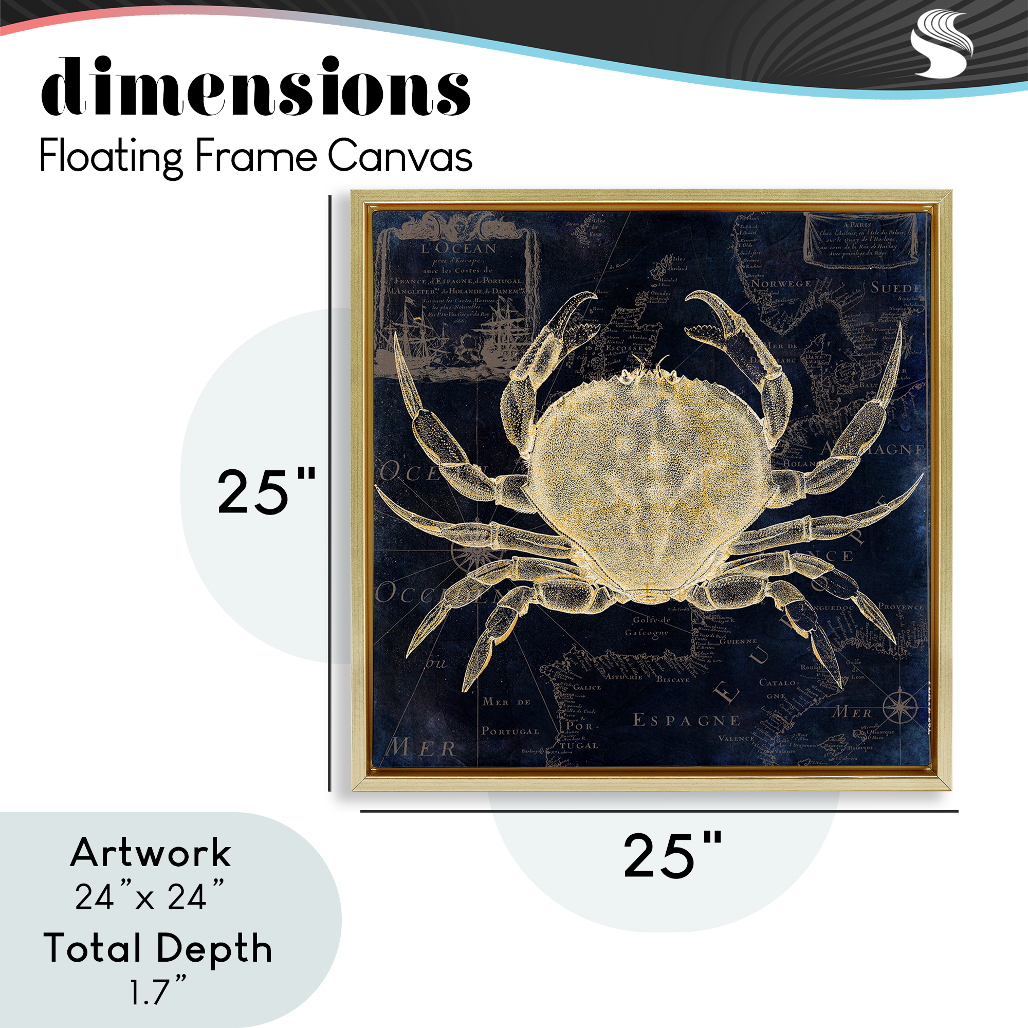 Crab Contour over Map Gold Framed Floater Canvas Wall Art, design by Sasha