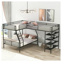 L-Shaped Metal Bunk Bed, Twin over Full & Twin Loft w/4 Shelves, Black