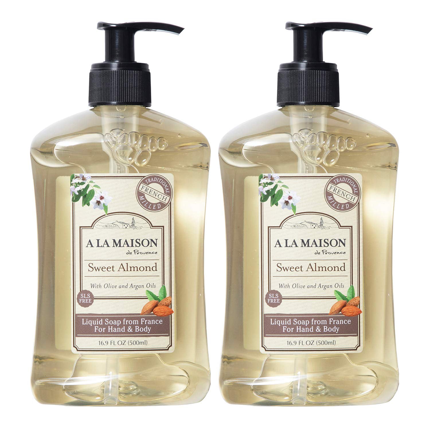 A LA MAISON Sweet Almond Liquid Hand Soap - Triple French Milled Natural Moisturizing Soap (2 Pack, 16.9 oz Bottle)