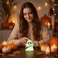 thumbnail image 3 of Halloween Light Up Ghost Figurine with Black Witch Hat, Cute Spooky Mini Glowing Ghost Desktop Ornament for Halloween Party, Bedroom Shelf Decor, Micro Landscape Fall Home Halloween Decoration,C, 3 of 3