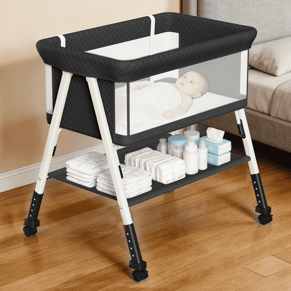 3-in-1 Baby Bassinet, Bedside Sleeper, Standalone Baby Crib, 4-Height Adjustable Portable Crib for Newborn, Black