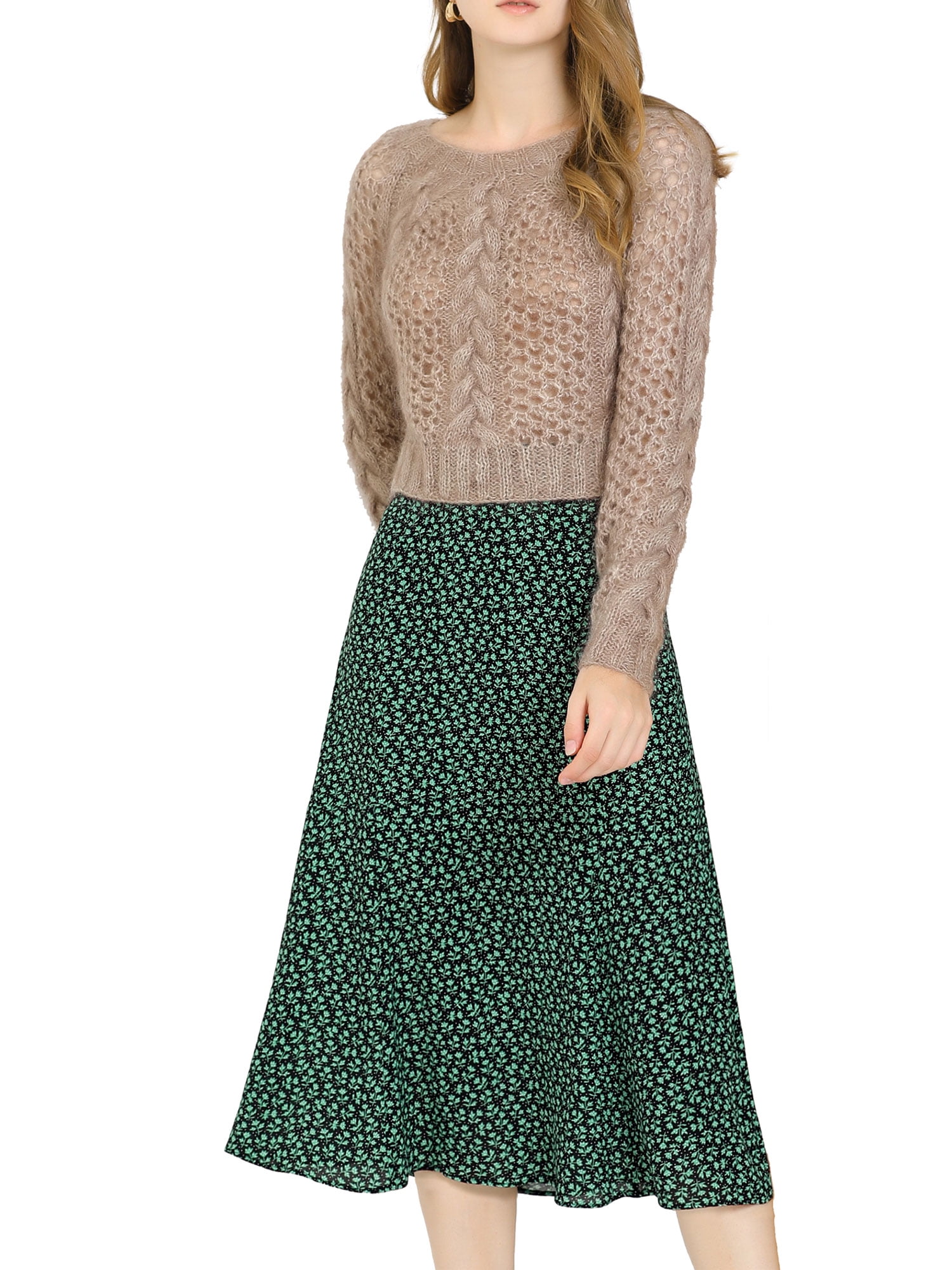 DARING DIVA Women's Elastic Waist A-Line Floral Print Midi Skirt XS Green