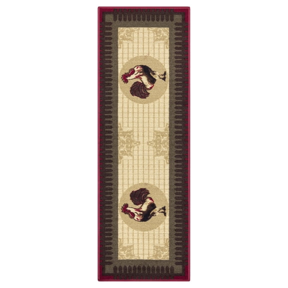 Ottomanson Machine Washable Non-Slip Rubberback Rooster 2x5 Kitchen Runner Rug, 20" x 59", Beige/Red