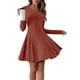 thumbnail image 3 of Vestido Corto de Punto Acanalado de Larga para Mujer, Otoño e Invierno, Cuello en V, Informal, Corte A Rojo Ladrillo M, 3 of 7