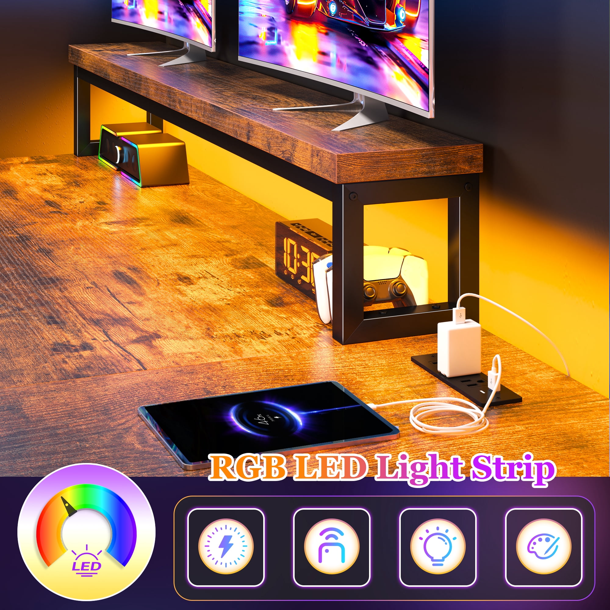 40"L Computer Desk l Shaped Gaming Desk with LED Lights & Power Outlet Desk with Drawers Reversible Corner Desk with Monitor Stand for Gaming Room,Home Office,Bedroom,Rustic Brown