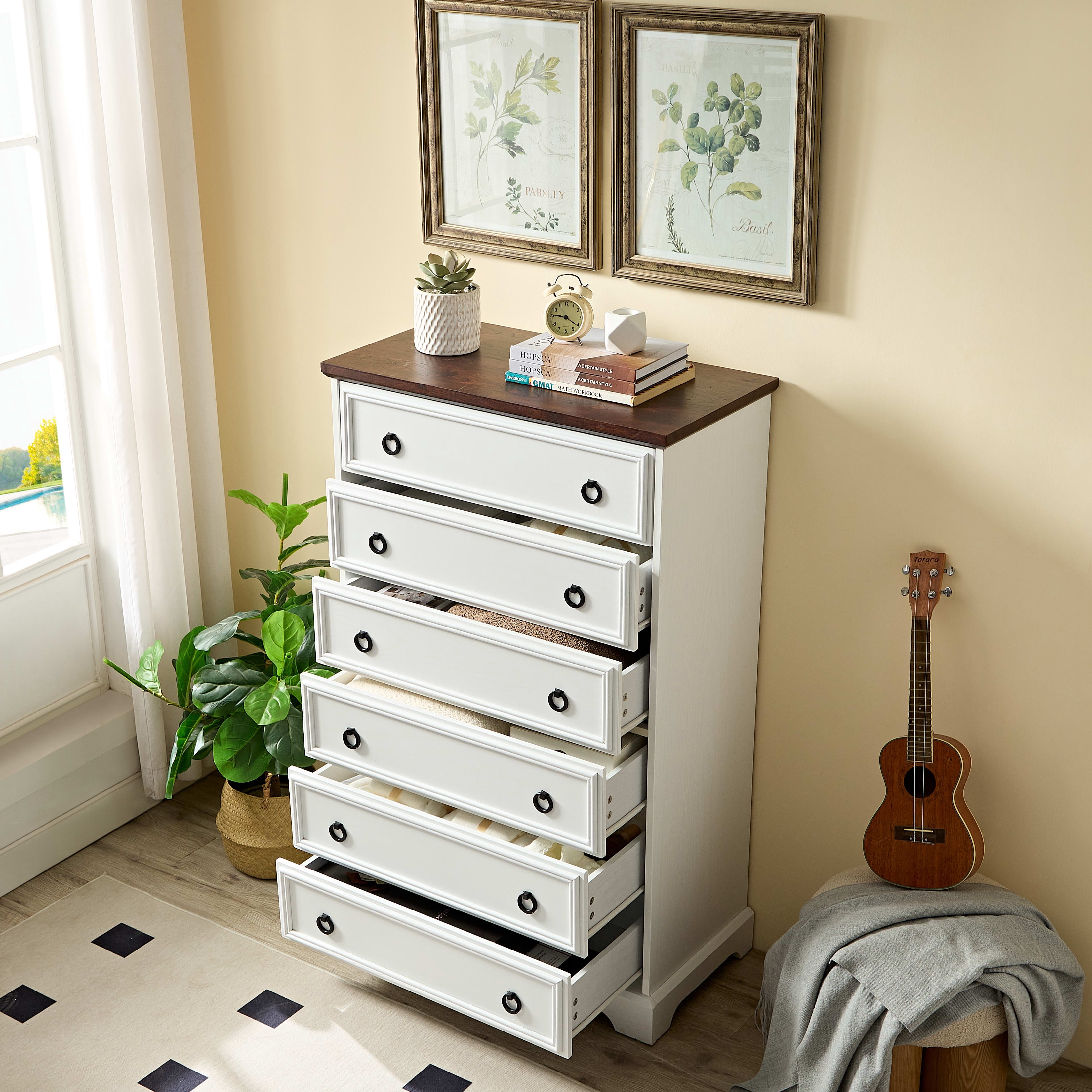 Aukfa 6-Drawer Dresser Chest Tall Drawers Wood Cabinet for Bedroom, White