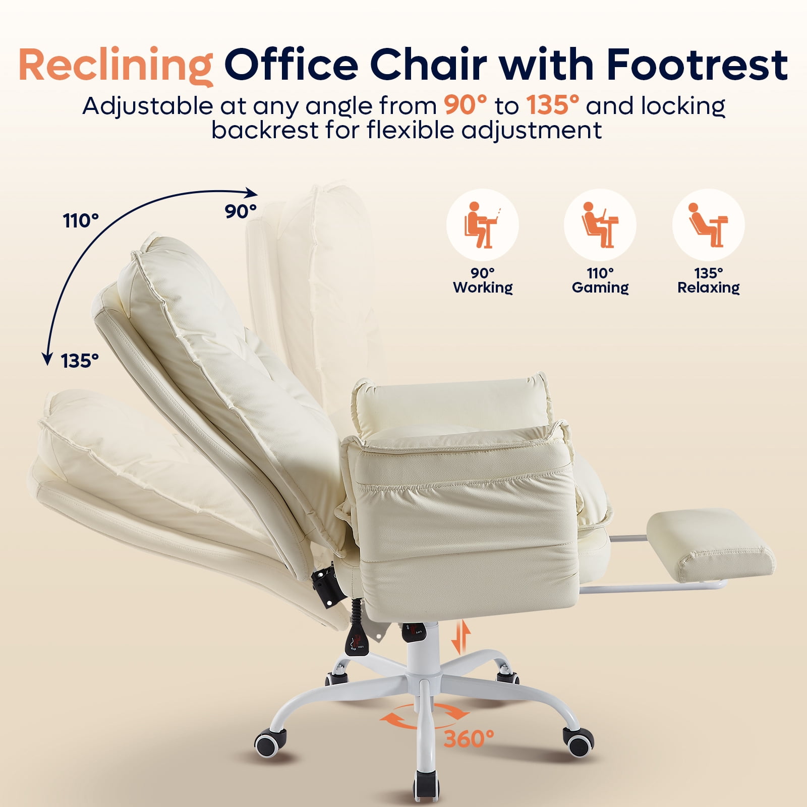 Bestier Big and Tall Executive Office Chair with Footrest and Flip-Up Arms, Ergonomic Reclining High Back Criss Cross Chair with Side Pockets, Height Adjustable, Beige