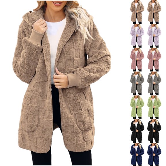 Sevevn Women Hooded Sherpa Jacket Long Sleeve Open Front Cardigan Coat Soft Fuzzy Plush Fleece Outerwear with Pockets for Fall Winter Khaki XL