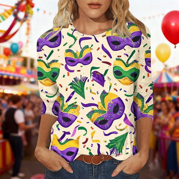 Nmnitkp Spring 2026 Womens Tops Fashion 3/4 Sleeve Tops for Women Mardi Gras Mask Print Loose Crew Neck Women's T-Shirts, Casual Carnival Spring Wear Women's Tops, Tees & Blouses Beige,S