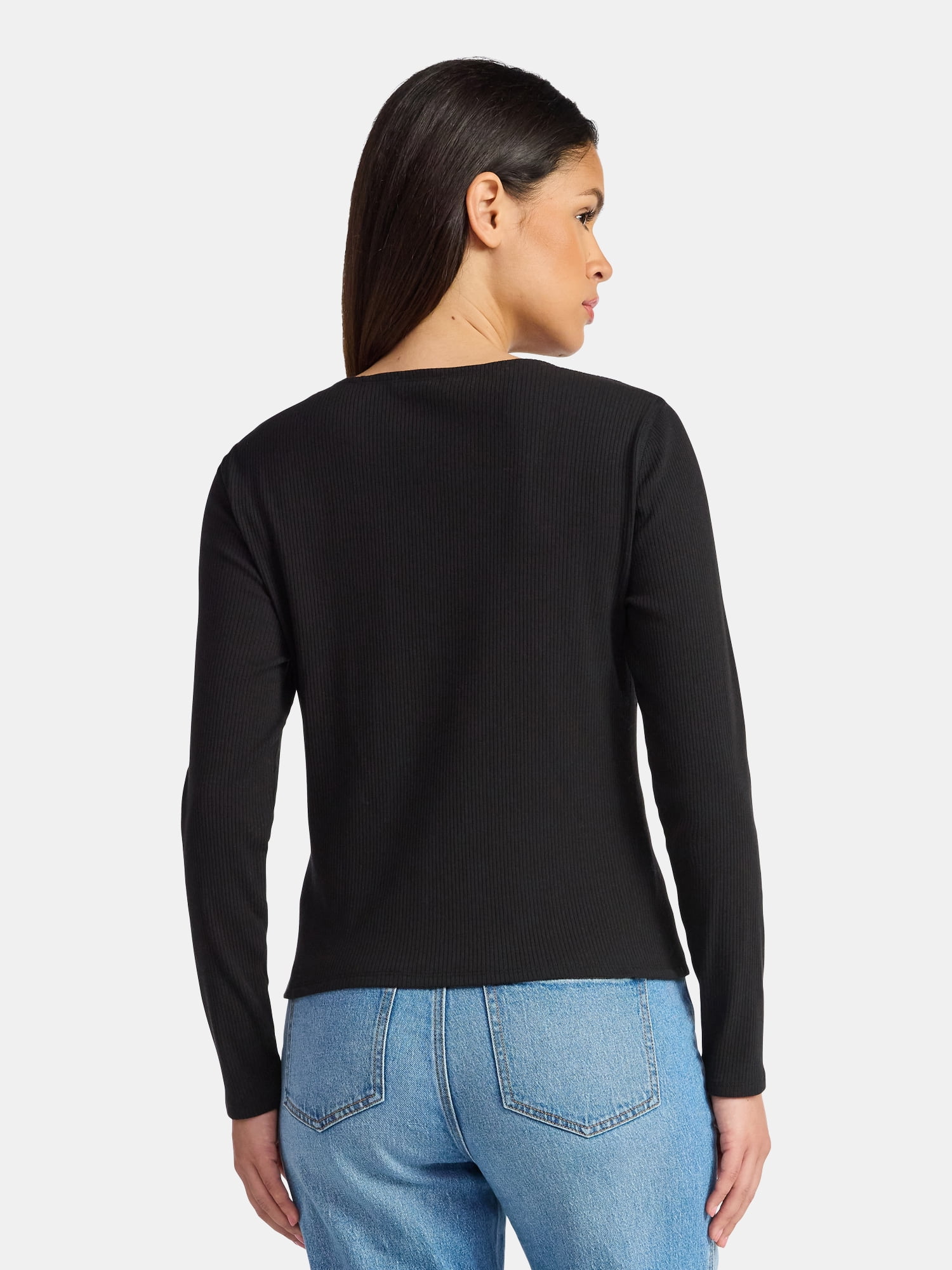 Time and Tru Women's Ribbed Knit Button Front Top with Long Sleeves, Sizes XS-XXXL