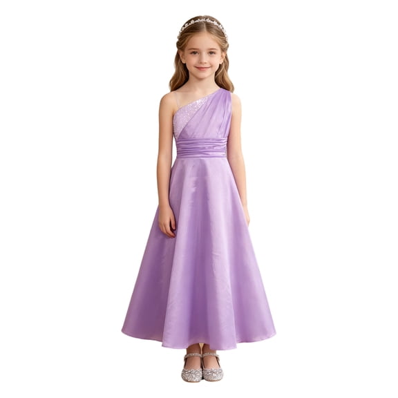 TiaoBug Girls' Sleeveless One Shoulder Rhinestone Satin Long Dress for Wedding Party Pageant Gown Lavender 8